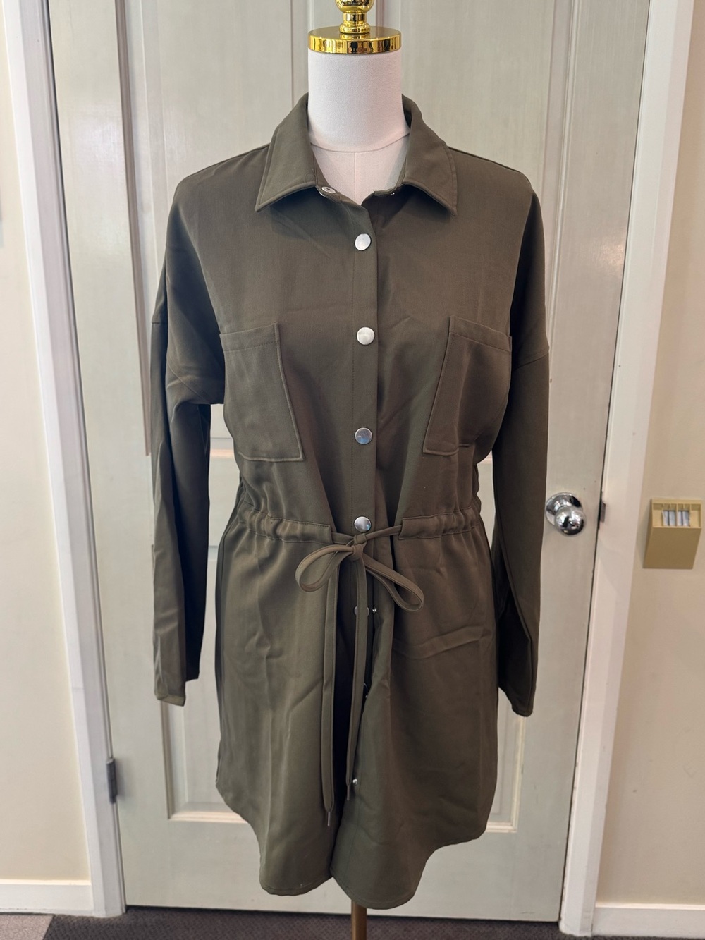 JustFab olive green button-up shirt dress featuring a drawstring waist